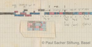 Ausschnitt aus dem grafischen Plan von Hermann Meier für sein Stück für zwei Klaviere HMV44 aus dem Jahr 1958. Vergilbtes Papier mit Linien, darauf mit Buntstift in rot, schwarz und blau eingetragene Flächen-