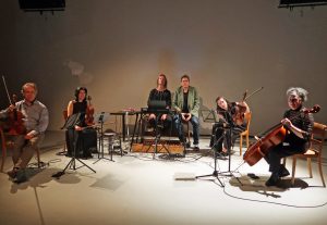 Marc Kilchenmann, Dominik Blum and the Quatuor Bozzini after the first night of Murhabala in Kunsthaus Walcheturm, Zürich. © Doris Kessler